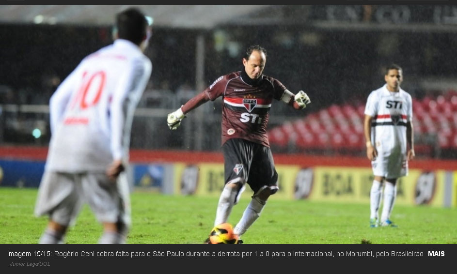 Rogério Ceni faz a cobrança aos 39' e desperdiça; a bola passa do lado direito de Muriel no jogo São Paulo0x1Internacional