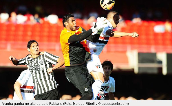 O goleiro Aranha, do Santos, ganha no alto de Luis Fabiano