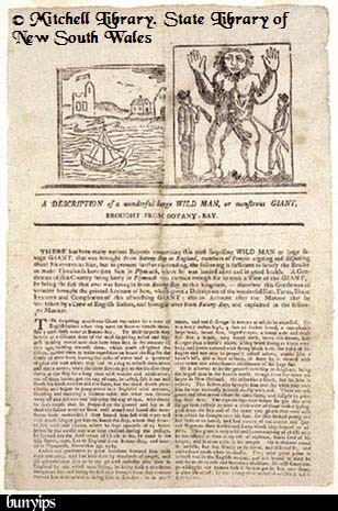 Um folheto de 1790, descrevendo o bunyip. Mitchell Library. State Library of New South Wales
