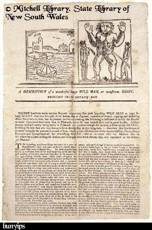 Um folheto de 1790, descrevendo o bunyip. Mitchell Library. State Library of New South Wales Um folheto de 1790, descrevendo o bunyip. Mitchell Library. State Library of New South Wales