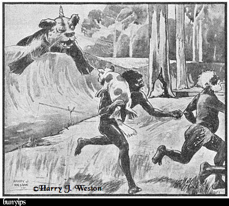 Mother Bunyip perseguindo homens. ©Harry J. Weston Mother Bunyip perseguindo homens. ©Harry J. Weston
