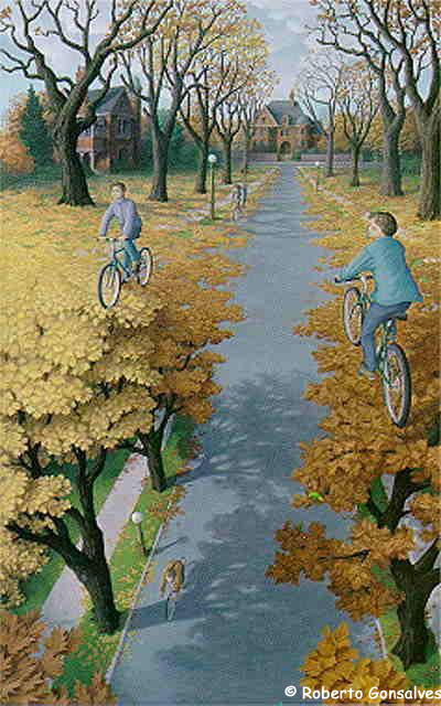 imagem de ilusão de ótica sugere homens andando de bicleta sobre as árvores.