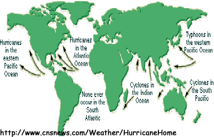 Imagem dos locais e nomes onde ocorrem os furacões. Imagem da http://www.cnsnews.com/Weather/HurricaneHome