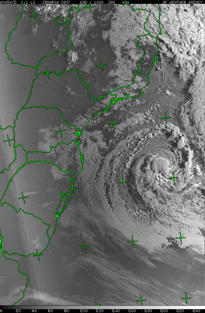 Imagem capturada no dia 25_3_9,37 hUTC e captada em 25/março/2004, às 9,37UTC, pelo satélite DMSP-The Defense Meteorological Satellite Program.