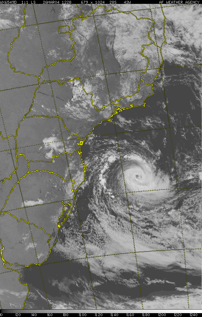 Imagem captada no dia 26 de março de 2.004, às 12,28UTC pelo satélite DMSP-The Defense Meteorological Satellite Program.