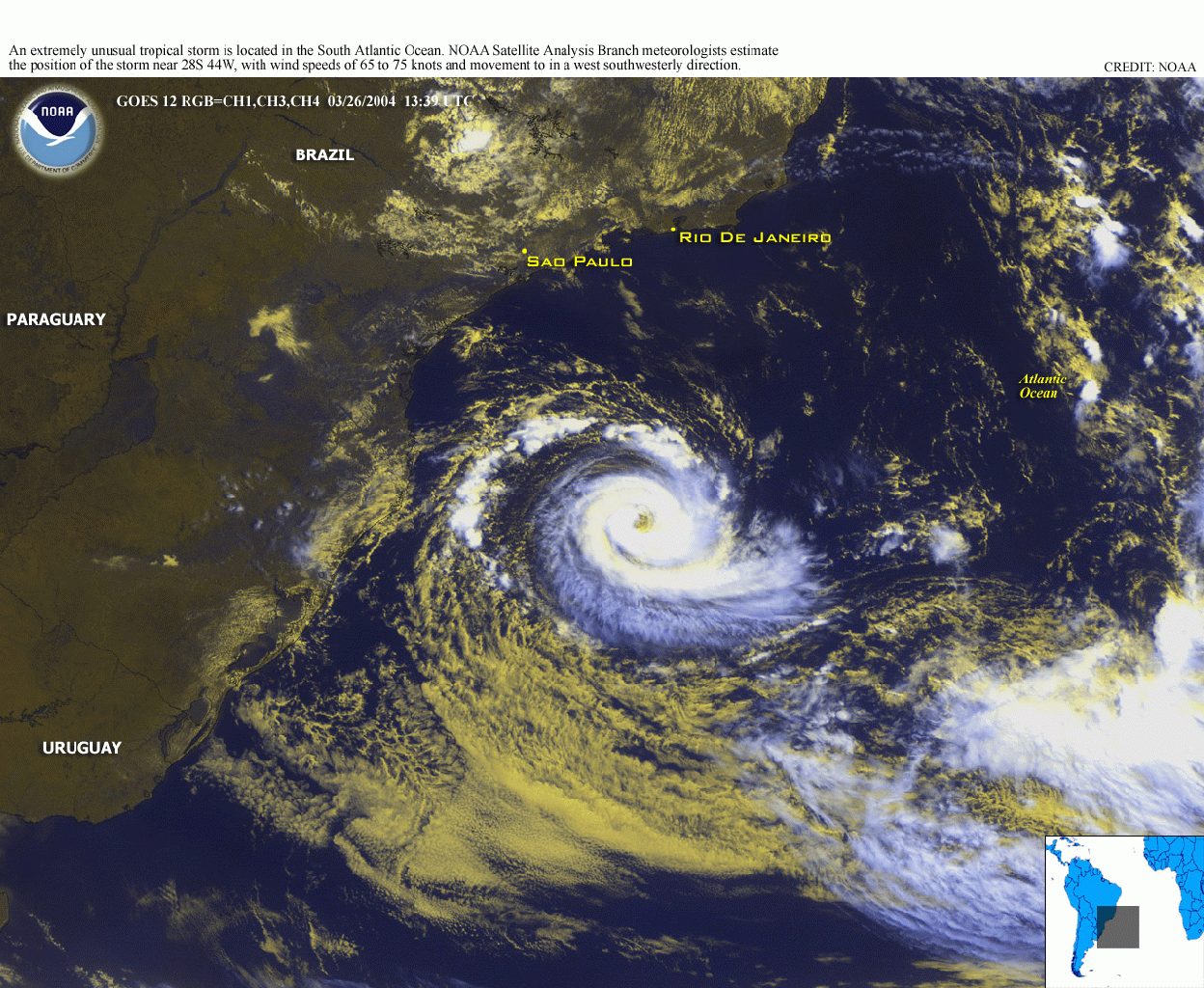 Imagem capturada em 26março2.004, às 13,39 hUTC, pelo satélite Goes-12.