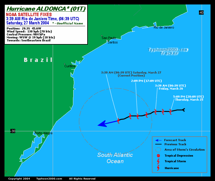 Mapa do trajeto do furacão Catarina, em 24março2.004, contendo indicadores da sua evolução