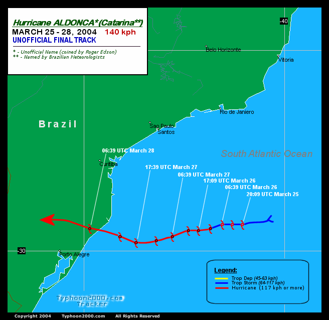 Caminho percorrido pelo furacão Catarina, em 24 de março de 2.004, até atingir a costa de Santa Catarina; mapa do caminho traçado pelo furacão Catarina, contendo suas características, conforme o indicador colorido. À primeira vista foi-lhe atribuído o nome de Aldonça