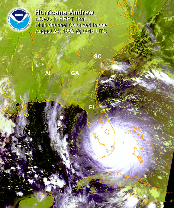 Hurricane Andrew landfalling in South Florida on August 24, 1992 with winds of up to 165 miles per hour. This satellite image was captured by NOAA-11. Permission details:Public domain	This image is in the public domain because it contains materials that originally came from the U.S. National Oceanic and Atmospheric Administration, taken or made as part of an employee's official duties.