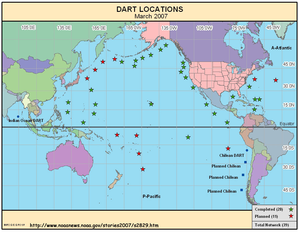 Mapa indicando onde foram instalados os DART buoy