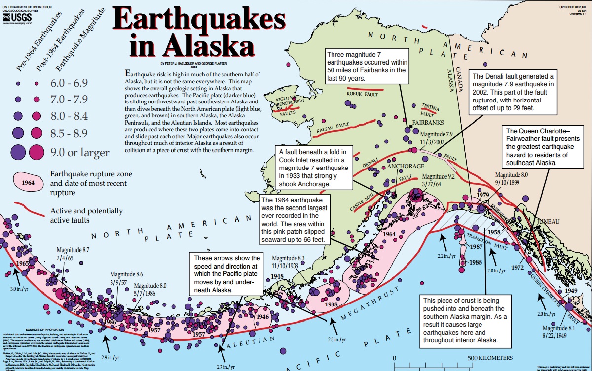 Mapa das falhas tectonicas e terremotos no Alaska e no arquipélago Aleutas