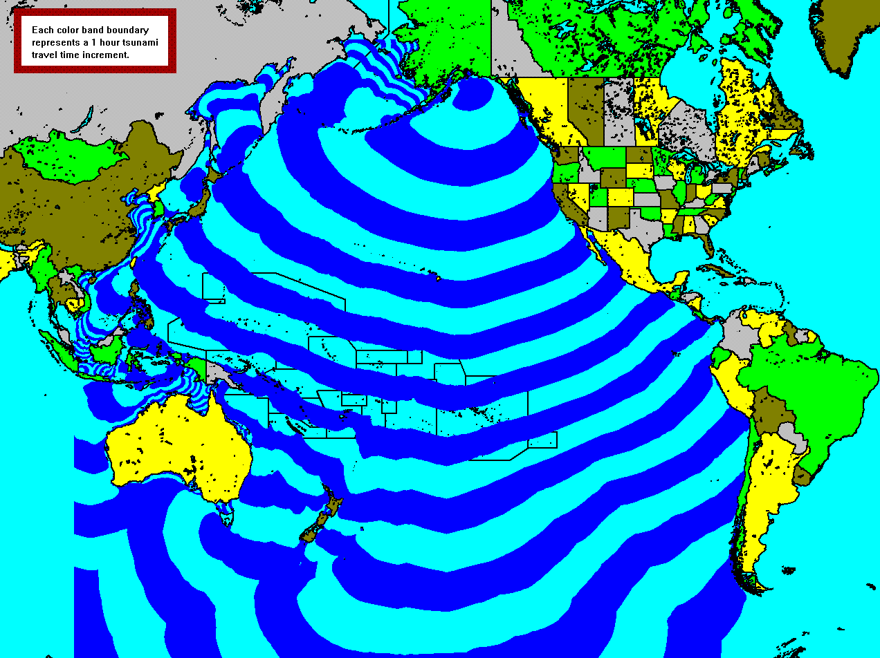 Mapa da propagação do tsunami originado do terremoto que ocorre no sul das Aleutas